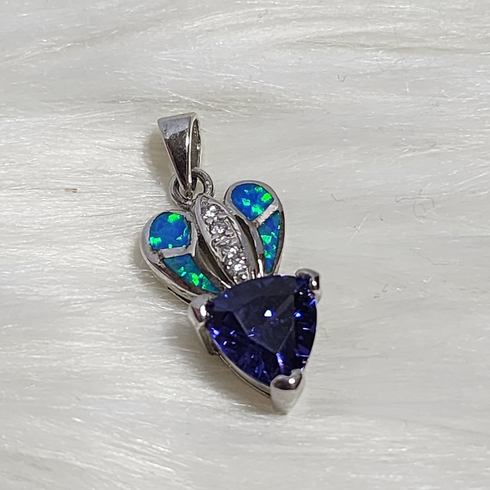 Sterling Silver 925 Pendant Lab Created Blue Fire Opals w/ Trillion Cut Amethyst